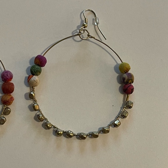 Bohemian Bronze Bead & Multi-Colored Fabric Bead Hoop Earrings - Picture 3 of 3